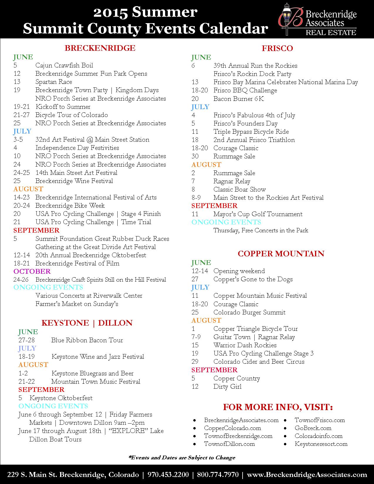 Events 2015 Summer Calendar for Summit County 2015